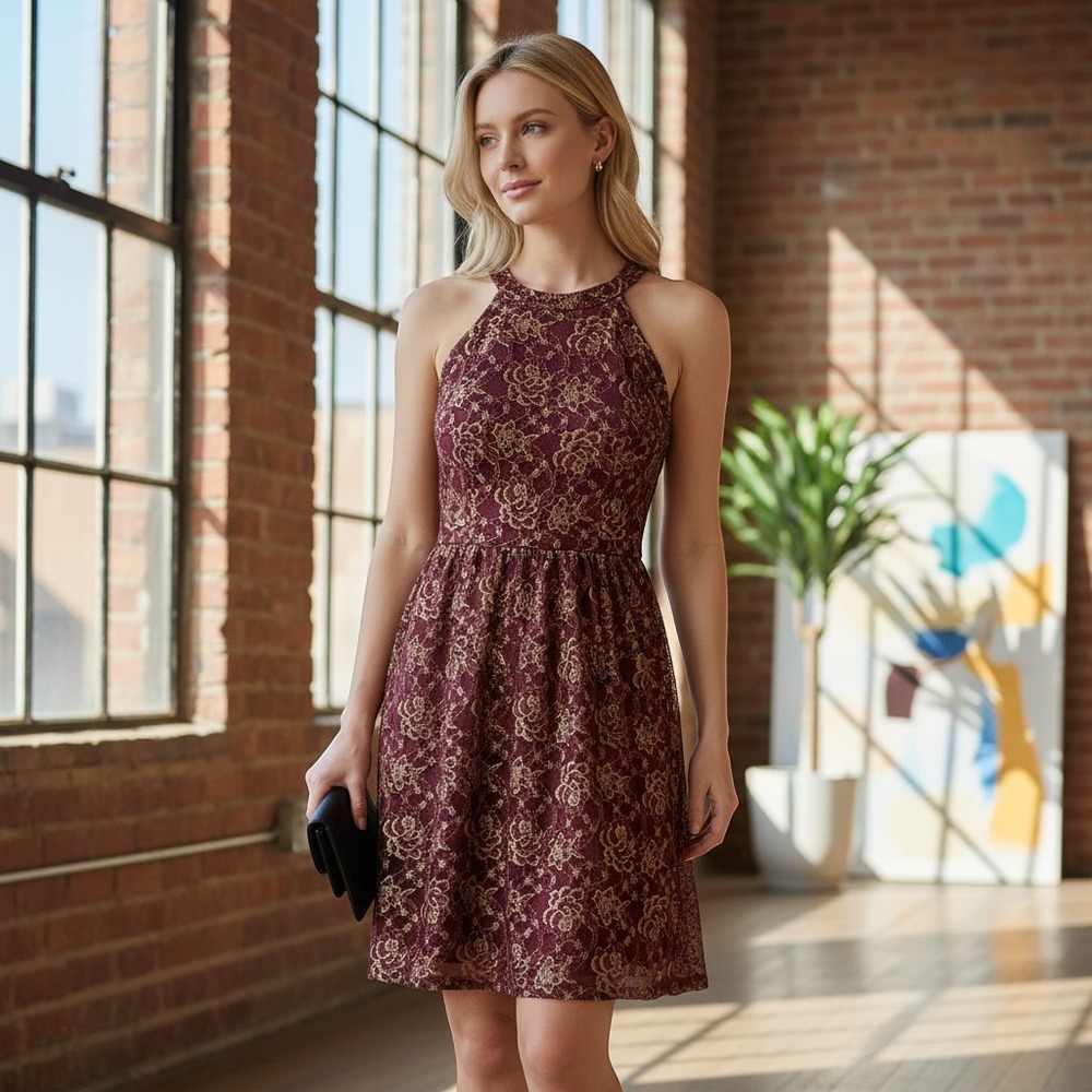 Altar'd State Party Dress Women's Medium Maroon With Gold Metallic Flower Lace